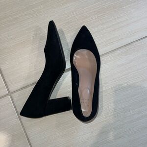 Black suede block heel pumps